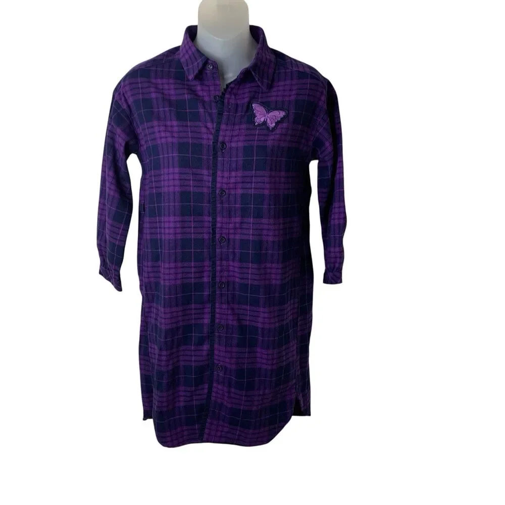 Anna Sui Mini Girls 12Y L Purple Plaid Shirt Dress Butterfly Embroidered Ruffle